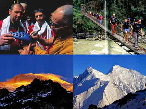 
UL Dalai Lama signs Torino 2006 Olympic torch with Tom Perry and Mario Vielmo. UR Mario Vielmo and Tom Perry lead others across the Arun Khola. LL Sunset on Makalu from Advanced Base Camp. LR Lhotse and Everest east faces from Makalu La - I Cembali del Makalu book
